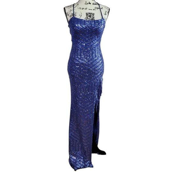 Vintage Y2K fully sequined navy maxi length dress prom homecoming formal gala - Picture 1 of 15